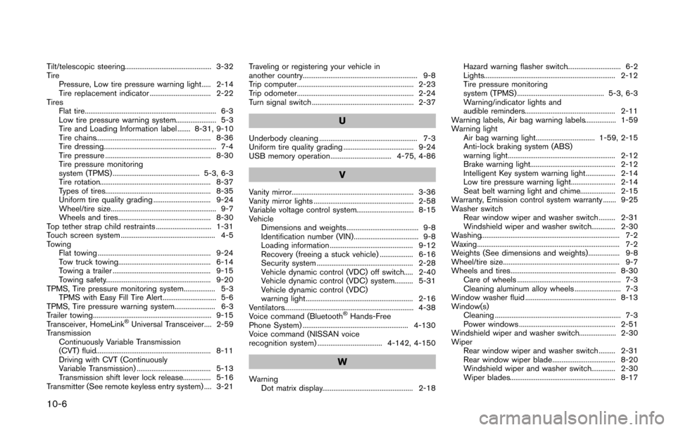 NISSAN QUEST 2014 RE52 / 4.G User Guide 10-6
Tilt/telescopic steering............................................... 3-32
TirePressure, Low tire pressure warning light..... 2-14
Tire replacement indicator ................................. 2