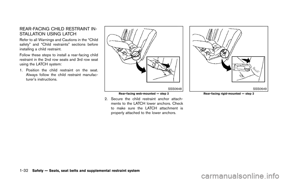 NISSAN QUEST 2014 RE52 / 4.G Service Manual 1-32Safety — Seats, seat belts and supplemental restraint system
REAR-FACING CHILD RESTRAINT IN-
STALLATION USING LATCH
Refer to all Warnings and Cautions in the “Child
safety” and “Child rest