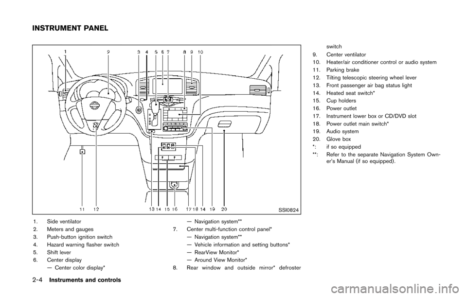 NISSAN QUEST 2014 RE52 / 4.G User Guide 2-4Instruments and controls
SSI0824
1. Side ventilator
2. Meters and gauges
3. Push-button ignition switch
4. Hazard warning flasher switch
5. Shift lever
6. Center display— Center color display* �