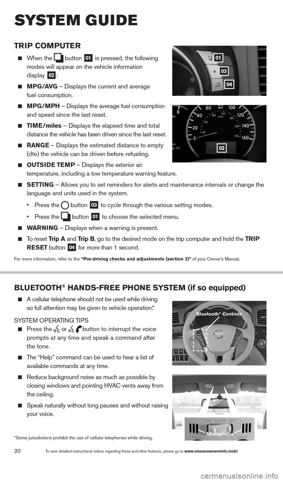 NISSAN QUEST 2014 RE52 / 4.G Quick Reference Guide 20
TrIP COMPuTer
   
When the
  button
 01 is pressed, the following   
modes will appear on the vehicle information   
display  
02:
 
   MPG/ aVG  – Displays the current and average  
fuel consump