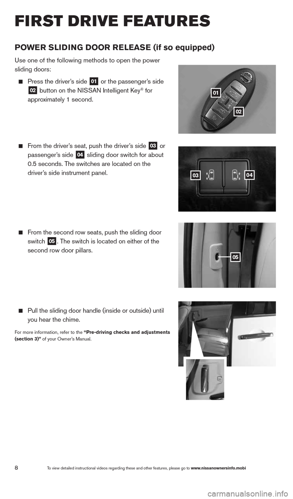 NISSAN QUEST 2014 RE52 / 4.G Quick Reference Guide 8
POwer SLIDING DOOr re LeaSe (if so equipped)
Use one of the following methods to open the power 
sliding doors:  
 
  Press the driver’s side 01 or the passenger’s side
 
  02  button on the NIS
