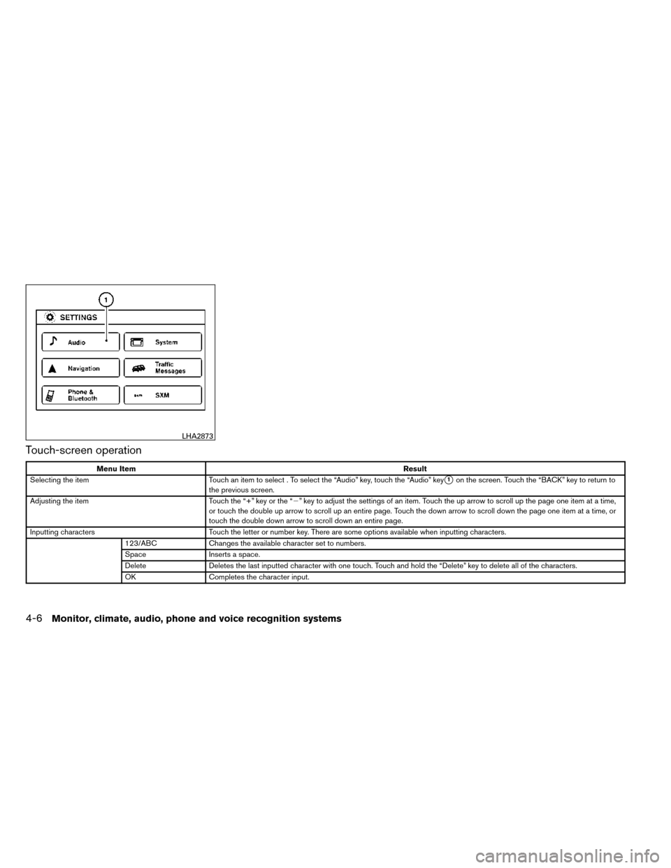 NISSAN ROGUE 2014 2.G Owners Manual Touch-screen operation
Menu ItemResult
Selecting the item Touch an item to select . To select the “Audio” key, touch the “Audio” key
1on the screen. Touch the “BACK” key to return to
the 