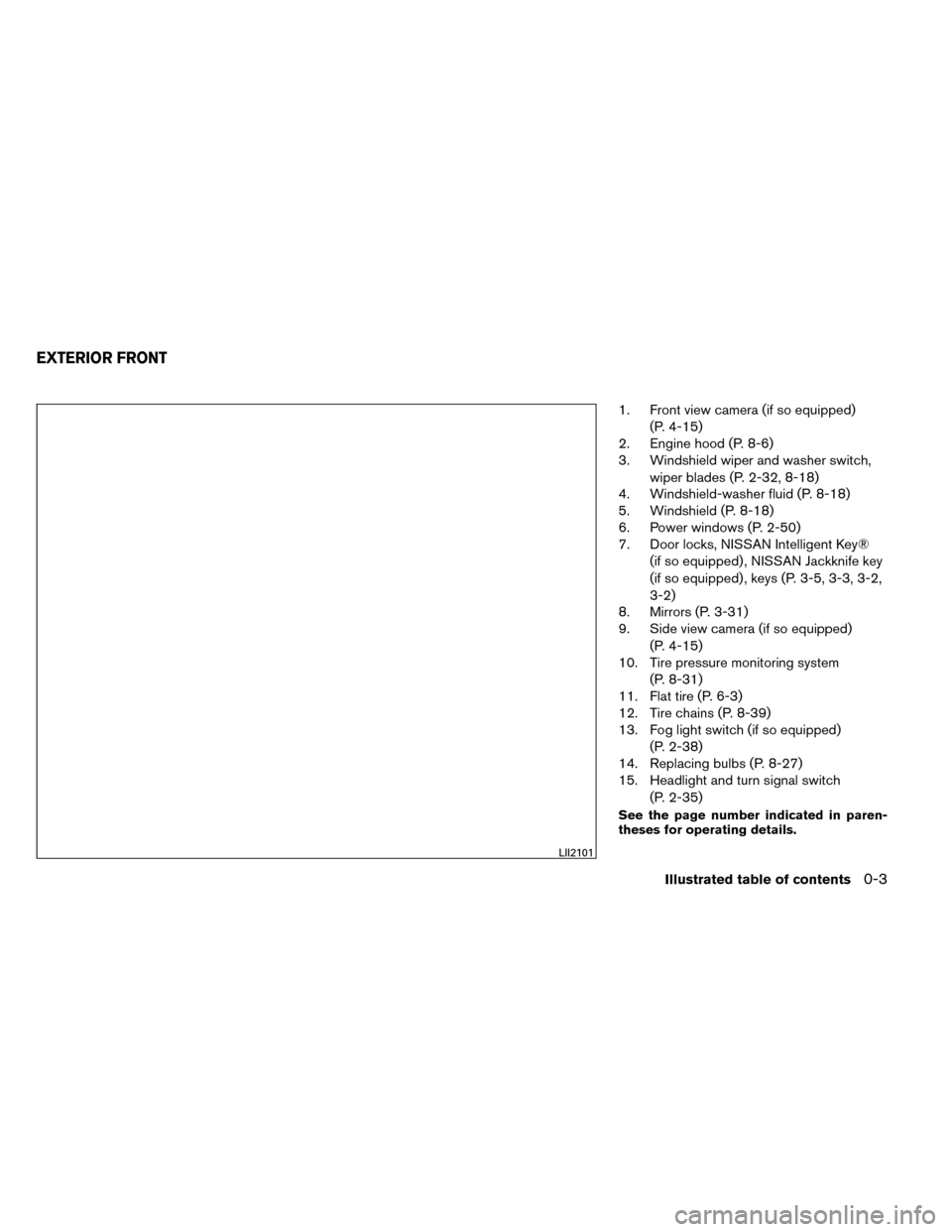 NISSAN ROGUE 2014 2.G User Guide 1. Front view camera (if so equipped)(P. 4-15)
2. Engine hood (P. 8-6)
3. Windshield wiper and washer switch,
wiper blades (P. 2-32, 8-18)
4. Windshield-washer fluid (P. 8-18)
5. Windshield (P. 8-18)
