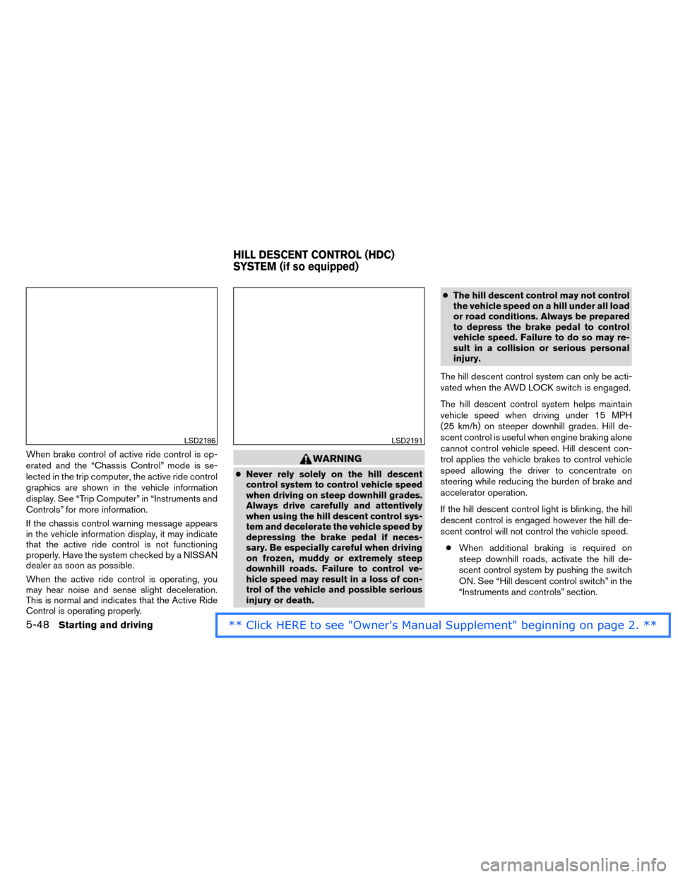 NISSAN ROGUE 2014 2.G Service Manual When brake control of active ride control is op-
erated and the “Chassis Control” mode is se-
lected in the trip computer, the active ride control
graphics are shown in the vehicle information
dis