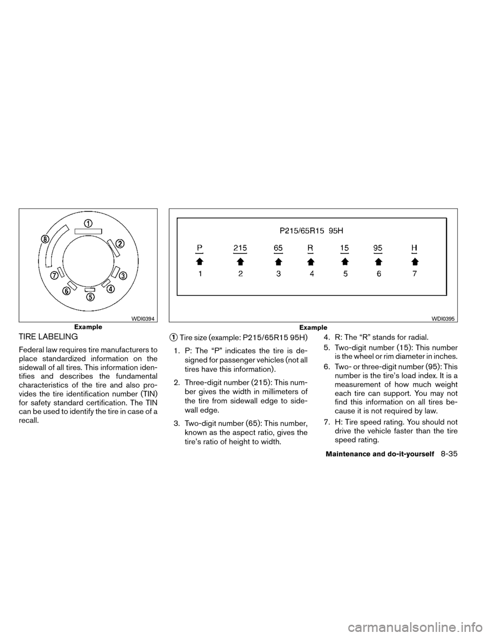 NISSAN ROGUE 2014 2.G User Guide TIRE LABELING
Federal law requires tire manufacturers to
place standardized information on the
sidewall of all tires. This information iden-
tifies and describes the fundamental
characteristics of the