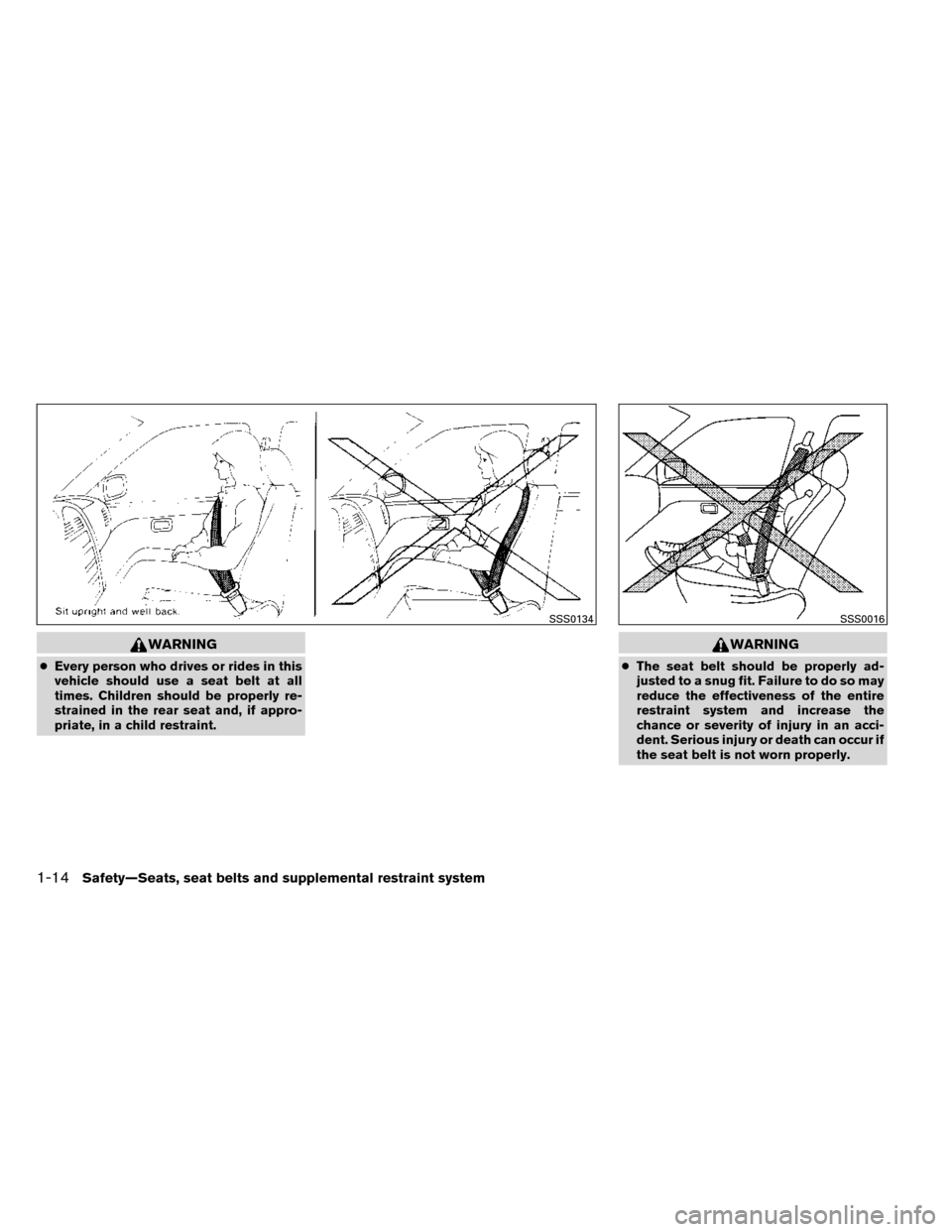 NISSAN ROGUE 2014 2.G Service Manual WARNING
●Every person who drives or rides in this
vehicle should use a seat belt at all
times. Children should be properly re-
strained in the rear seat and, if appro-
priate, in a child restraint.
