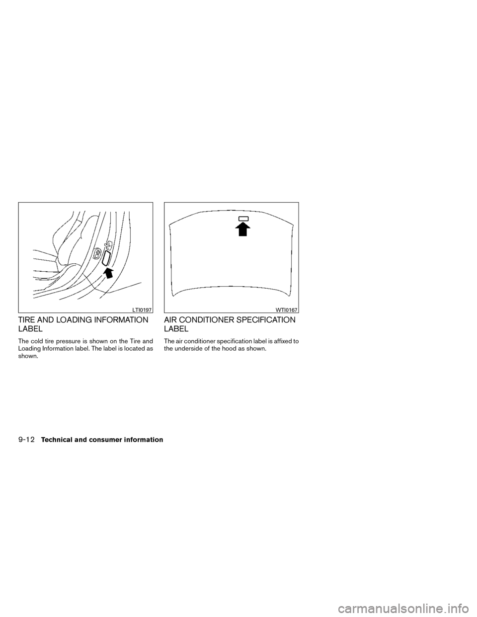 NISSAN ROGUE 2014 2.G Owners Manual TIRE AND LOADING INFORMATION
LABEL
The cold tire pressure is shown on the Tire and
Loading Information label. The label is located as
shown.
AIR CONDITIONER SPECIFICATION
LABEL
The air conditioner spe