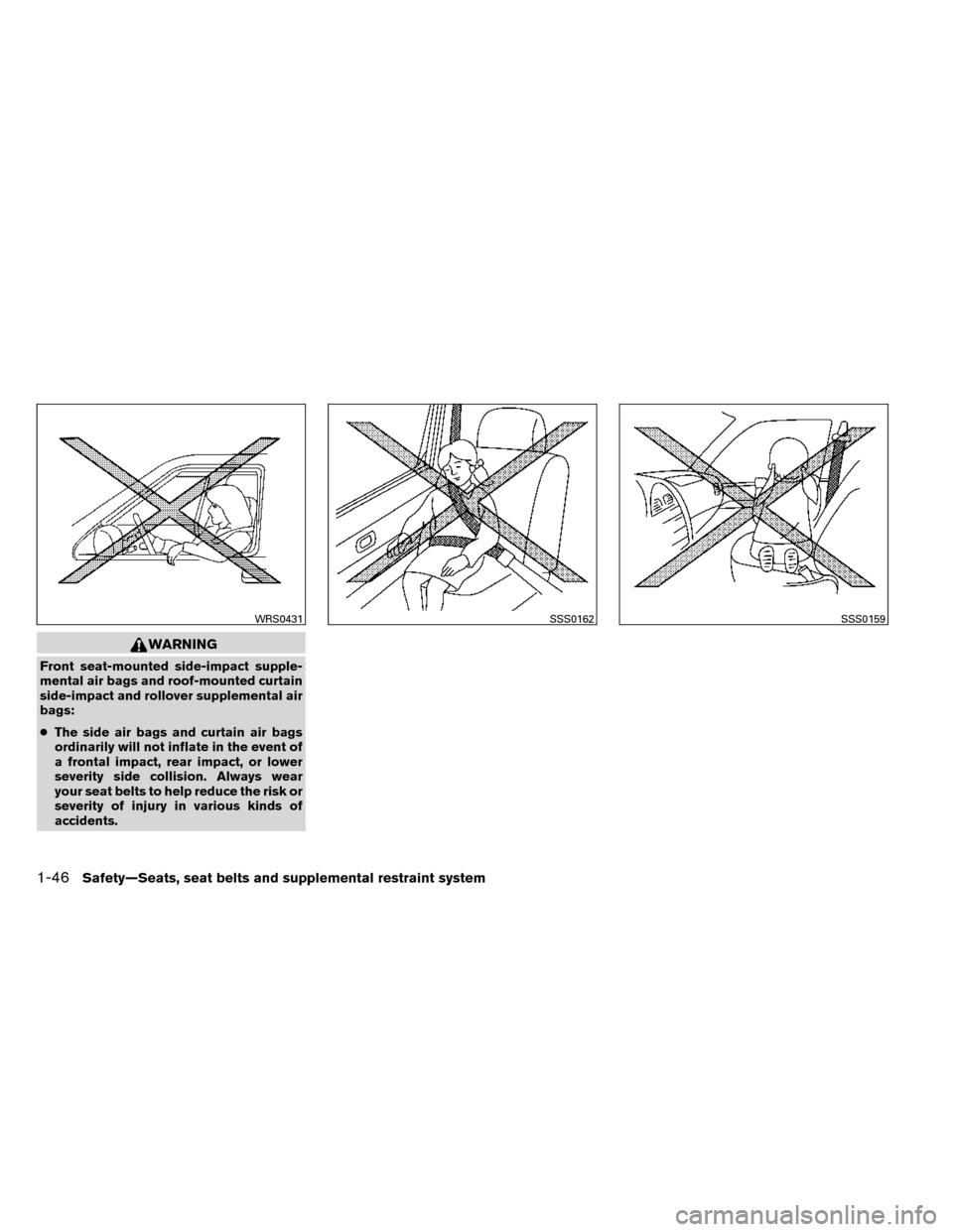 NISSAN ROGUE 2014 2.G Manual PDF WARNING
Front seat-mounted side-impact supple-
mental air bags and roof-mounted curtain
side-impact and rollover supplemental air
bags:
●The side air bags and curtain air bags
ordinarily will not in