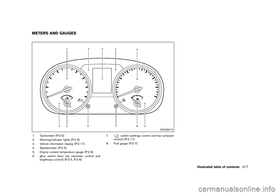 NISSAN ROGUE SELECT 2014 2.G Owners Manual Black plate (13,1)
[ Edit: 2013/ 10/ 22 Model: S35-D ]
S35-D-110201-BA7643A9-5590-4C58-9A41-1AA8C68ABF1F
JVC0301X
1. Tachometer (P.2-6)
2. Warning/indicator lights (P.2-9)
3. Vehicle information displ