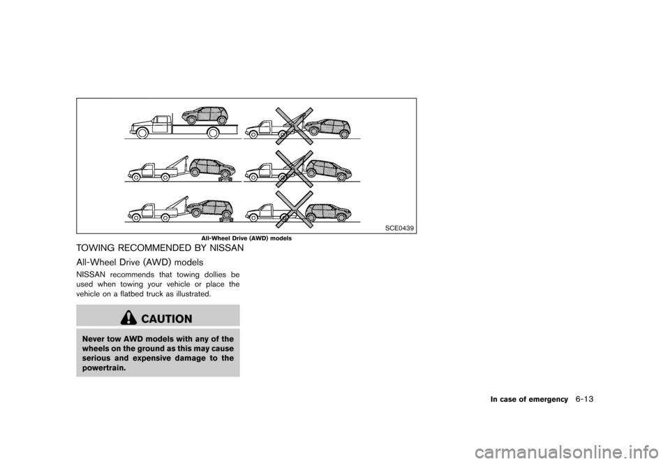 NISSAN ROGUE SELECT 2014 2.G Owners Manual Black plate (229,1)
[ Edit: 2013/ 10/ 22 Model: S35-D ]
SCE0439
All-Wheel Drive (AWD) models
TOWING RECOMMENDED BY NISSANS35-D-110201-F96AC8F4-98D2-4F10-B053-82D6761A1F0F
All-Wheel Drive (AWD) modelsS
