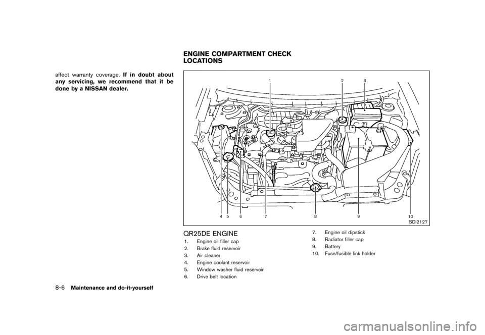 NISSAN ROGUE SELECT 2014 2.G User Guide Black plate (248,1)
[ Edit: 2013/ 10/ 22 Model: S35-D ]
8-6Maintenance and do-it-yourself
affect warranty coverage.If in doubt about
any servicing, we recommend that it be
done by a NISSAN dealer.
S35