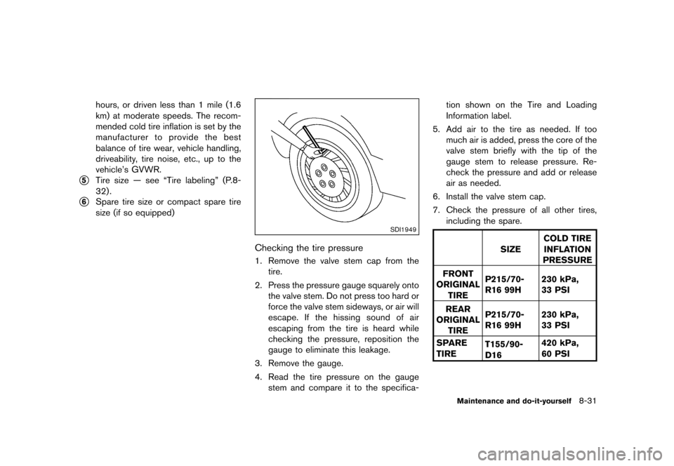 NISSAN ROGUE SELECT 2014 2.G Owners Manual Black plate (273,1)
[ Edit: 2013/ 10/ 22 Model: S35-D ]
hours, or driven less than 1 mile (1.6
km) at moderate speeds. The recom-
mended cold tire inflation is set by the
manufacturer to provide the b