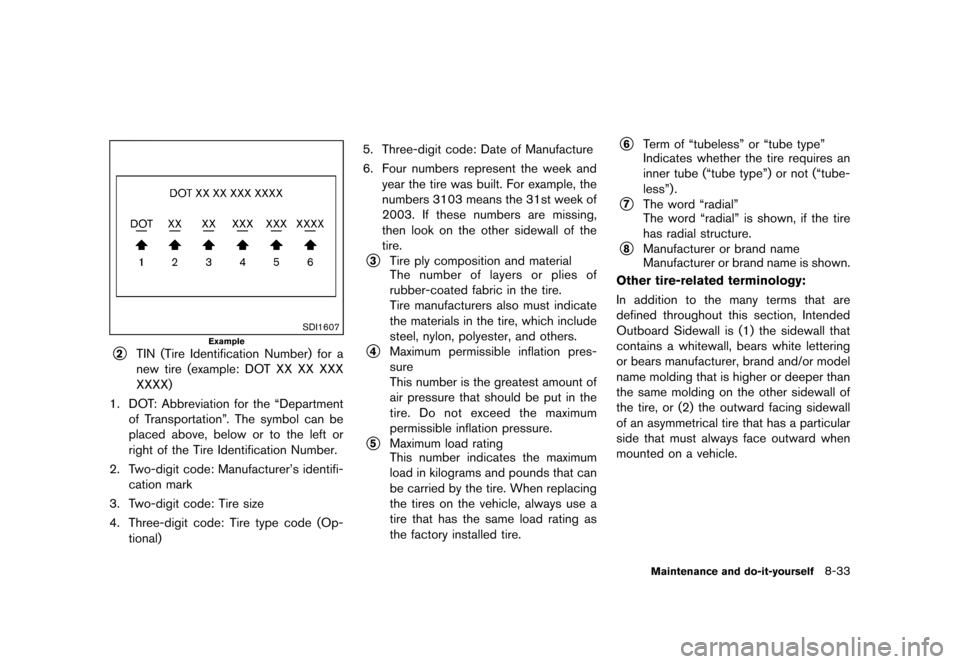 NISSAN ROGUE SELECT 2014 2.G Owners Manual Black plate (275,1)
[ Edit: 2013/ 10/ 22 Model: S35-D ]
SDI1607
Example
*2TIN (Tire Identification Number) for a
new tire (example: DOT XX XX XXX
XXXX)
1. DOT: Abbreviation for the “Departmentof Tra