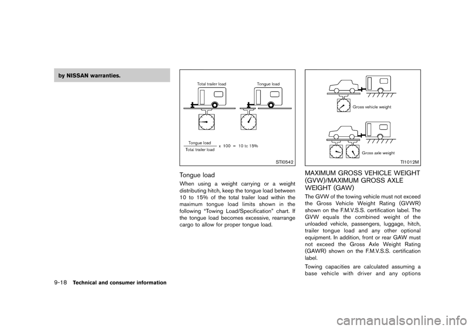 NISSAN ROGUE SELECT 2014 2.G Owners Manual Black plate (300,1)
[ Edit: 2013/ 10/ 22 Model: S35-D ]
9-18Technical and consumer information
by NISSAN warranties.
STI0542
Tongue loadGUID-C04C8C9B-DDE9-4EED-8127-6EE524310929When using a weight car