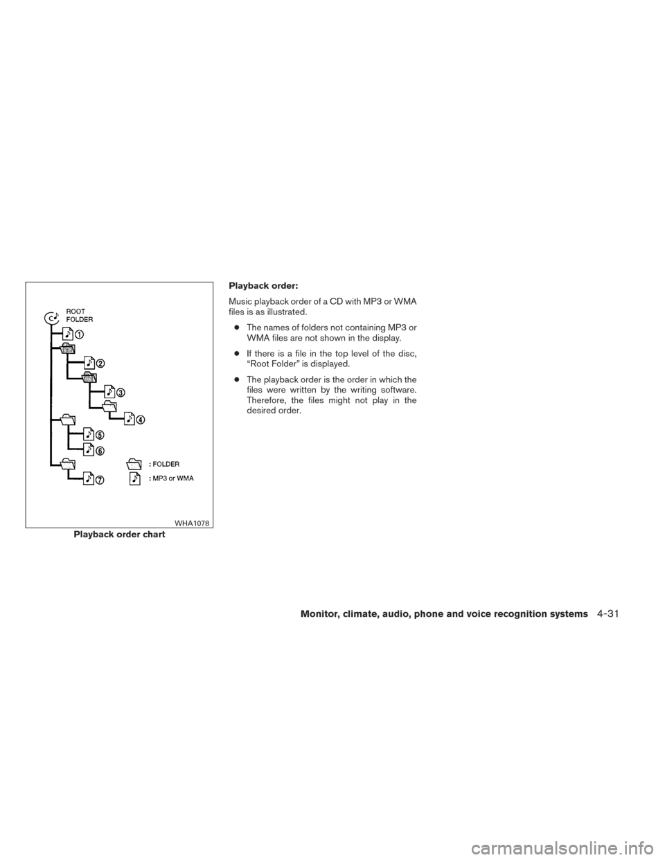 NISSAN SENTRA 2014 B17 / 7.G Owners Manual Playback order:
Music playback order of a CD with MP3 or WMA
files is as illustrated.● The names of folders not containing MP3 or
WMA files are not shown in the display.
● If there is a file in th