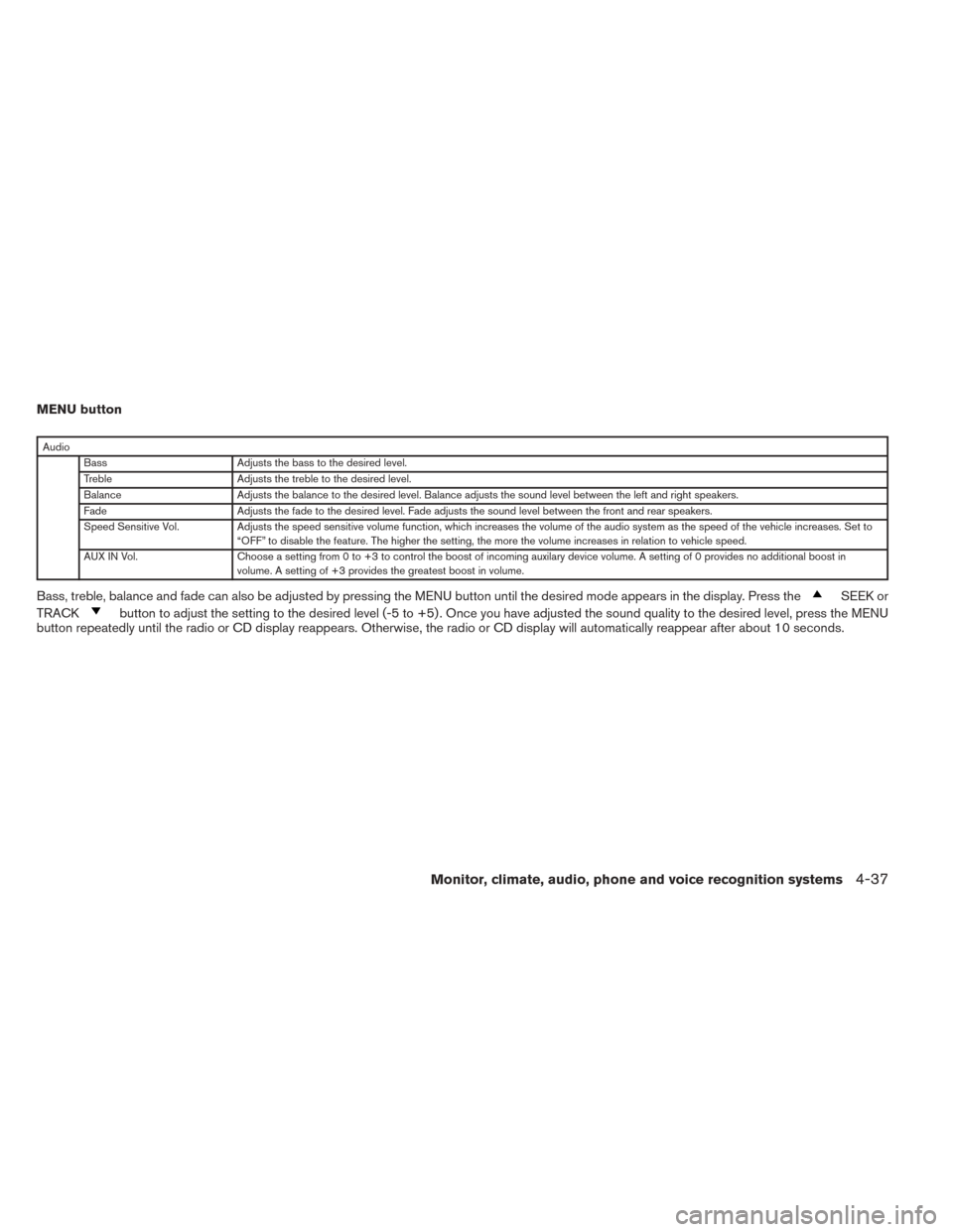 NISSAN SENTRA 2014 B17 / 7.G Owners Manual MENU button
AudioBass Adjusts the bass to the desired level.
Treble Adjusts the treble to the desired level.
Balance Adjusts the balance to the desired level. Balance adjusts the sound level between t