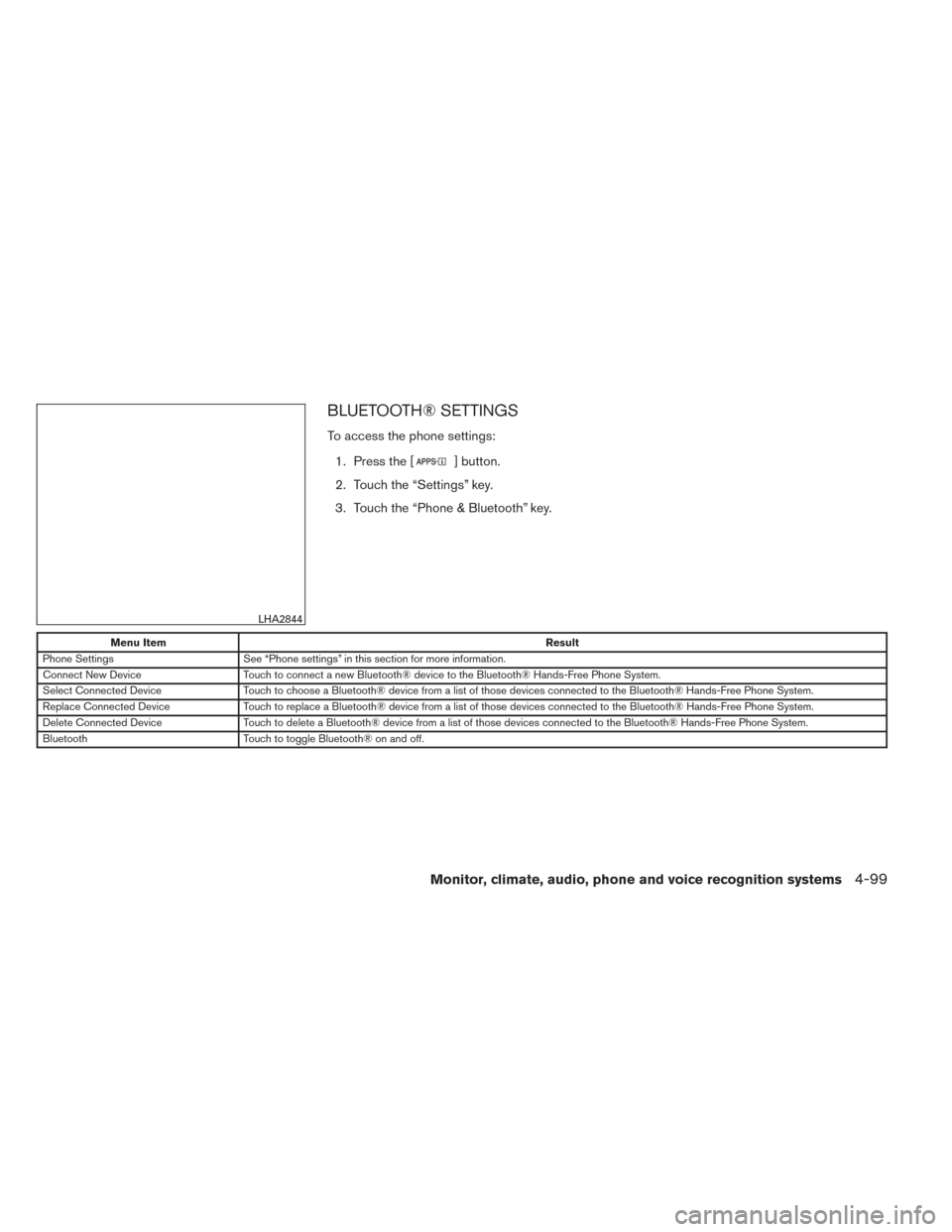 NISSAN SENTRA 2014 B17 / 7.G Owners Manual BLUETOOTH® SETTINGS
To access the phone settings:1. Press the [
] button.
2. Touch the “Settings” key.
3. Touch the “Phone & Bluetooth” key.
Menu Item Result
Phone Settings See “Phone setti