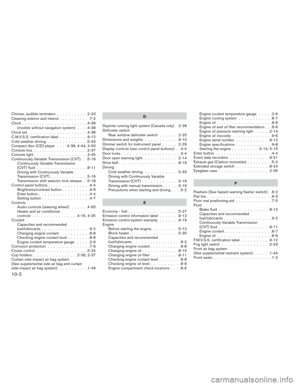 NISSAN SENTRA 2014 B17 / 7.G Service Manual Chimes, audible reminders...........2-20
Cleaning exterior and interior ...........7-2
Clock.......................4-38 (models without navigation system) ....4-38
Clockset.....................4-38
C.