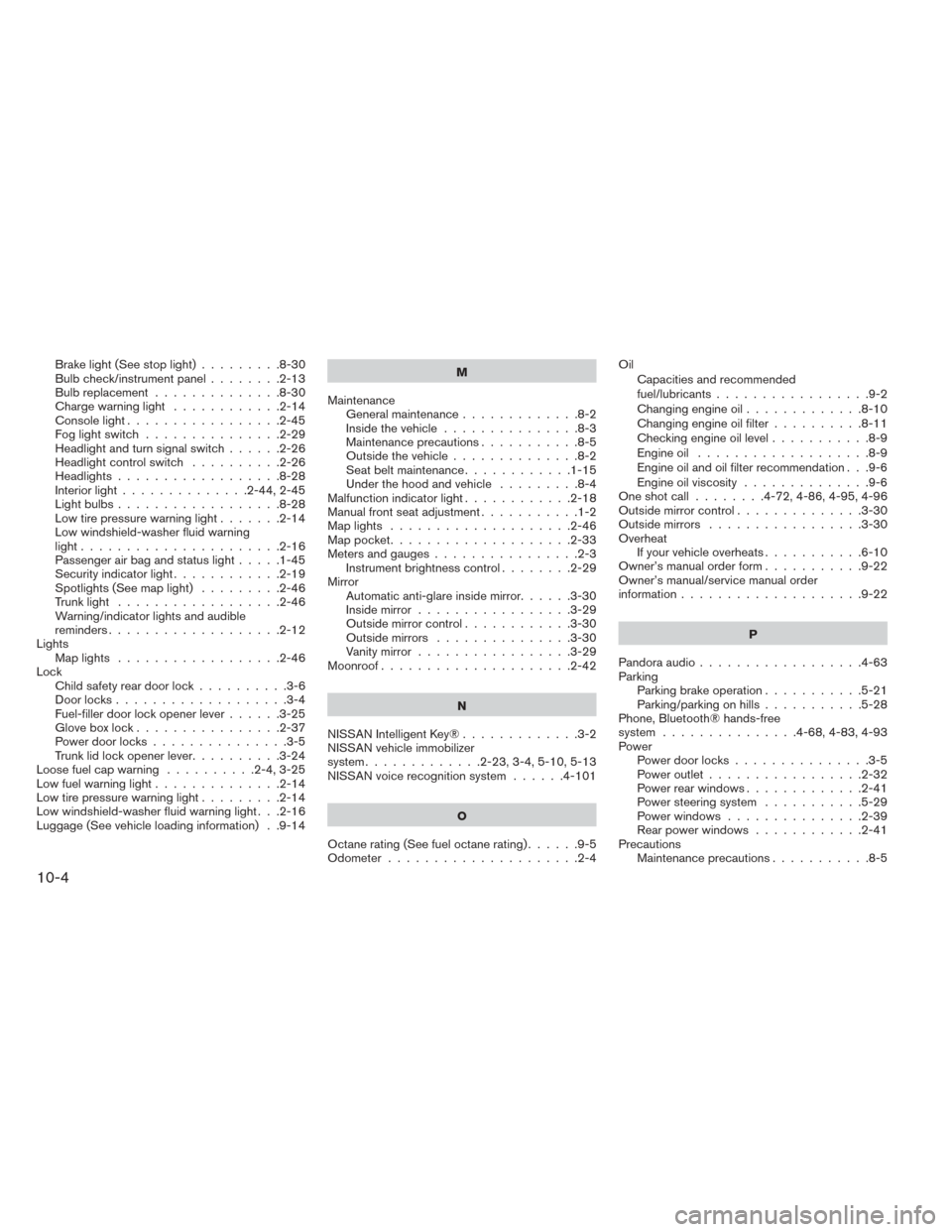 NISSAN SENTRA 2014 B17 / 7.G Service Manual Brakelight(Seestoplight).........8-30
Bulb check/instrument panel........2-13
Bulb replacement ..............8-30
Chargewarninglight ............2-14
Console light .................2-45
Foglightswitch