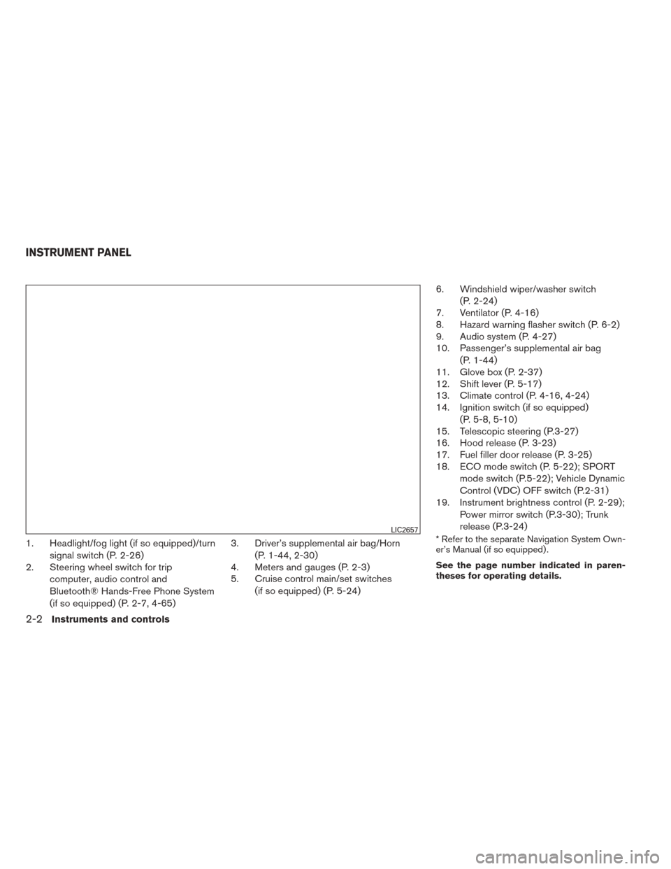 NISSAN SENTRA 2014 B17 / 7.G Service Manual 1. Headlight/fog light (if so equipped)/turnsignal switch (P. 2-26)
2. Steering wheel switch for trip
computer, audio control and
Bluetooth® Hands-Free Phone System
(if so equipped) (P. 2-7, 4-65) 3.