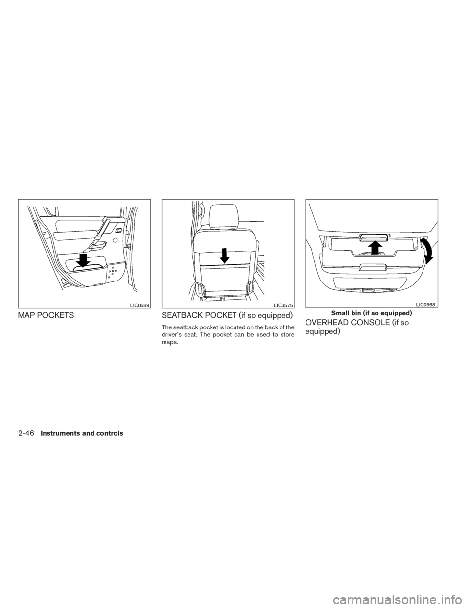 NISSAN TITAN 2014 1.G Owners Manual MAP POCKETSSEATBACK POCKET (if so equipped)
The seatback pocket is located on the back of the
driver’s seat. The pocket can be used to store
maps.OVERHEAD CONSOLE (if so
equipped)
LIC0589LIC0575
Sma