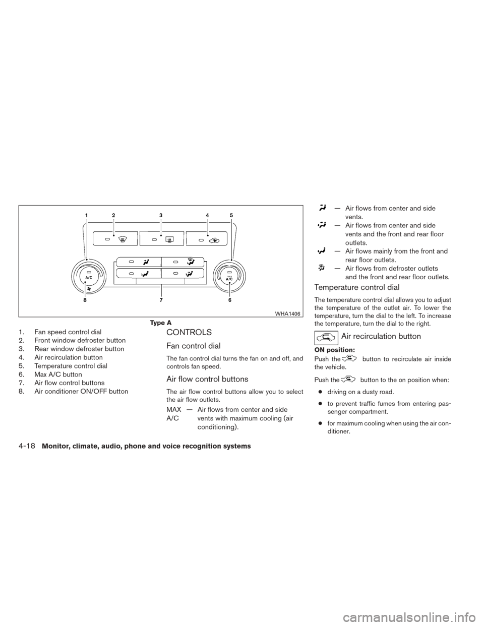 NISSAN TITAN 2014 1.G Owners Manual 1. Fan speed control dial
2. Front window defroster button
3. Rear window defroster button
4. Air recirculation button
5. Temperature control dial
6. Max A/C button
7. Air flow control buttons
8. Air 