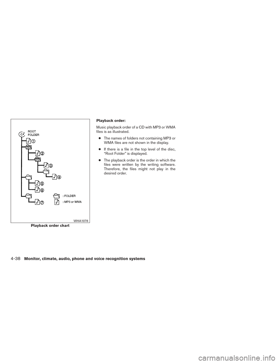 NISSAN TITAN 2014 1.G Service Manual Playback order:
Music playback order of a CD with MP3 or WMA
files is as illustrated.● The names of folders not containing MP3 or
WMA files are not shown in the display.
● If there is a file in th