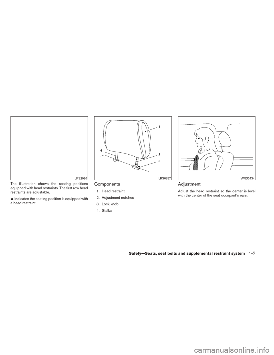 NISSAN TITAN 2014 1.G Owners Manual The illustration shows the seating positions
equipped with head restraints. The first row head
restraints are adjustable.
Indicates the seating position is equipped with
a head restraint.Components
1