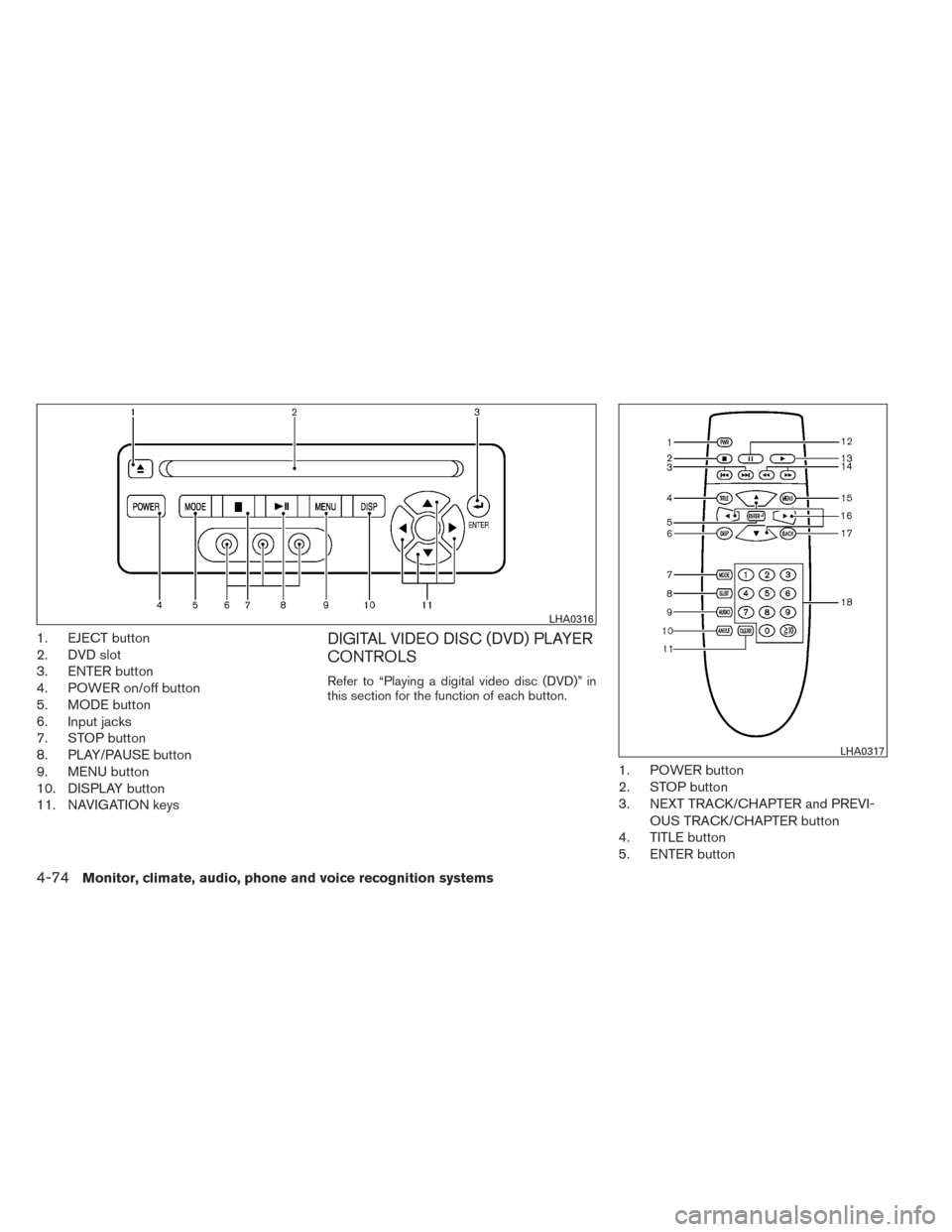 NISSAN TITAN 2014 1.G Owners Manual 1. EJECT button
2. DVD slot
3. ENTER button
4. POWER on/off button
5. MODE button
6. Input jacks
7. STOP button
8. PLAY/PAUSE button
9. MENU button
10. DISPLAY button
11. NAVIGATION keysDIGITAL VIDEO 