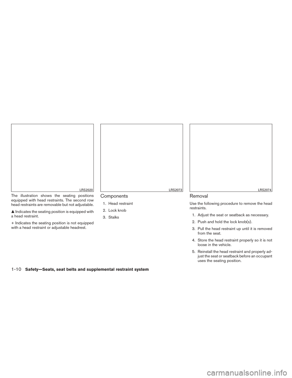 NISSAN TITAN 2014 1.G Owners Manual The illustration shows the seating positions
equipped with head restraints. The second row
head restraints are removable but not adjustable.
Indicates the seating position is equipped with
a head res