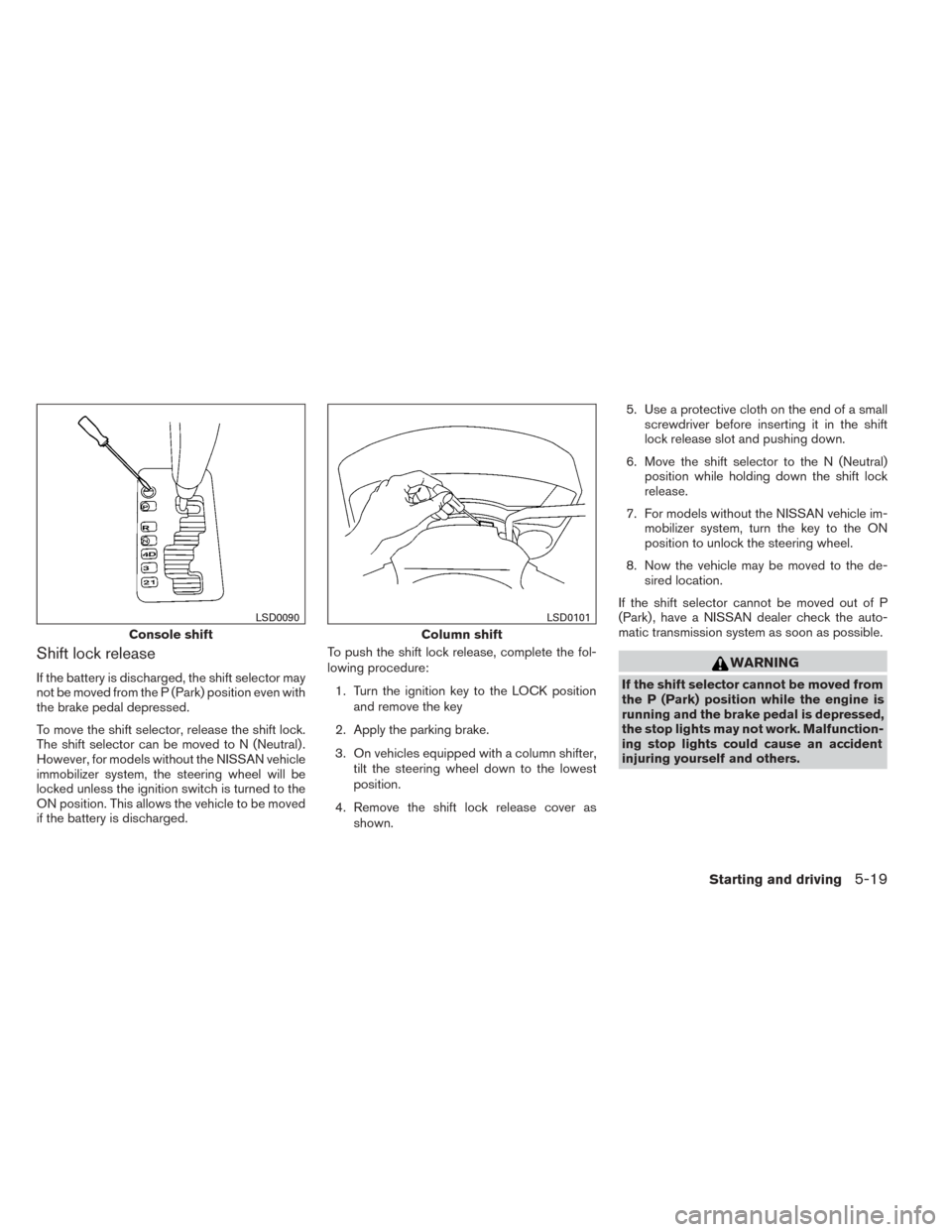 NISSAN TITAN 2014 1.G Owners Manual Shift lock release
If the battery is discharged, the shift selector may
not be moved from the P (Park) position even with
the brake pedal depressed.
To move the shift selector, release the shift lock. NISSAN TITAN 2014 1.G Owners Manual Shift lock release
If the battery is discharged, the shift selector may
not be moved from the P (Park) position even with
the brake pedal depressed.
To move the shift selector, release the shift lock.