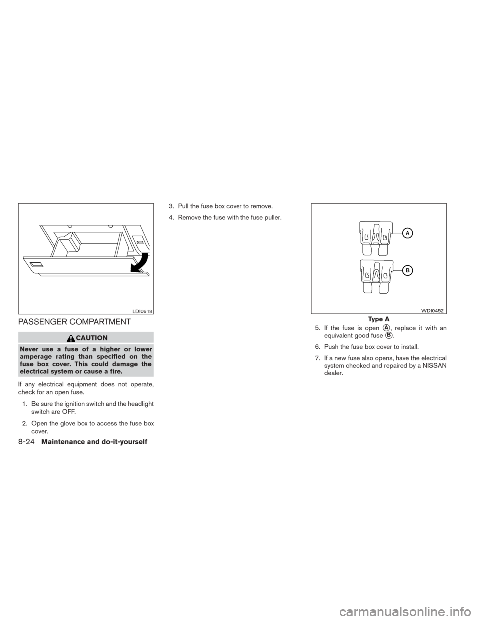 NISSAN TITAN 2014 1.G Service Manual PASSENGER COMPARTMENT
CAUTION
Never use a fuse of a higher or lower
amperage rating than specified on the
fuse box cover. This could damage the
electrical system or cause a fire.
If any electrical equ