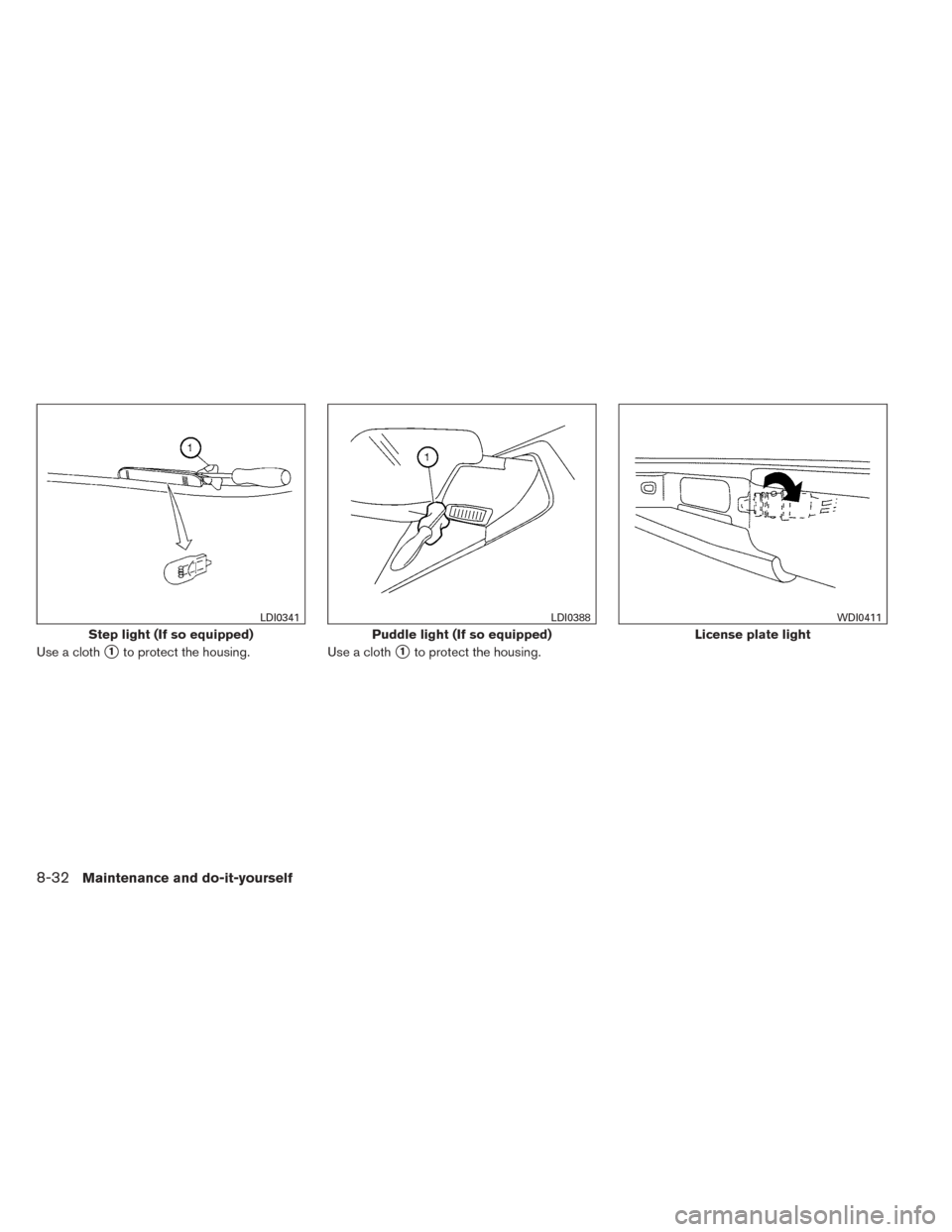 NISSAN TITAN 2014 1.G Owners Manual Use a cloth1to protect the housing.Use a cloth1to protect the housing.
Step light (If so equipped)
LDI0341
Puddle light (If so equipped)
LDI0388
License plate light
WDI0411
8-32Maintenance and do-it