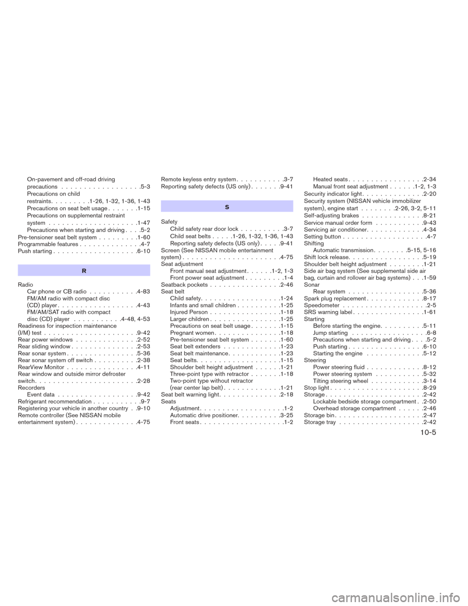 NISSAN TITAN 2014 1.G Manual PDF On-pavement and off-road driving
precautions..................5-3
Precautions on child
restraints .........1-26,1-32,1-36,1-43
Precautionsonseatbeltusage.......1-15
Precautions on supplemental restrai