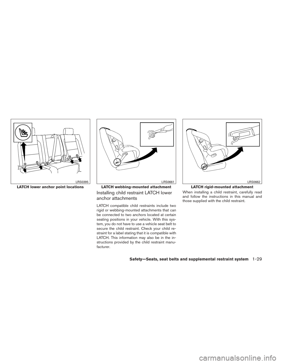 NISSAN TITAN 2014 1.G Service Manual Installing child restraint LATCH lower
anchor attachments
LATCH compatible child restraints include two
rigid or webbing-mounted attachments that can
be connected to two anchors located at certain
sea