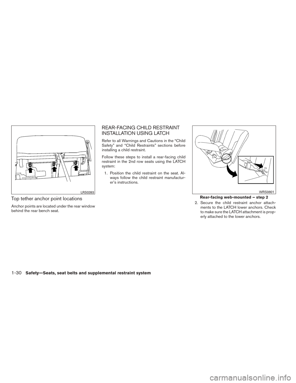 NISSAN TITAN 2014 1.G Service Manual Top tether anchor point locations
Anchor points are located under the rear window
behind the rear bench seat.
REAR-FACING CHILD RESTRAINT
INSTALLATION USING LATCH
Refer to all Warnings and Cautions in NISSAN TITAN 2014 1.G Service Manual Top tether anchor point locations
Anchor points are located under the rear window
behind the rear bench seat.
REAR-FACING CHILD RESTRAINT
INSTALLATION USING LATCH
Refer to all Warnings and Cautions in