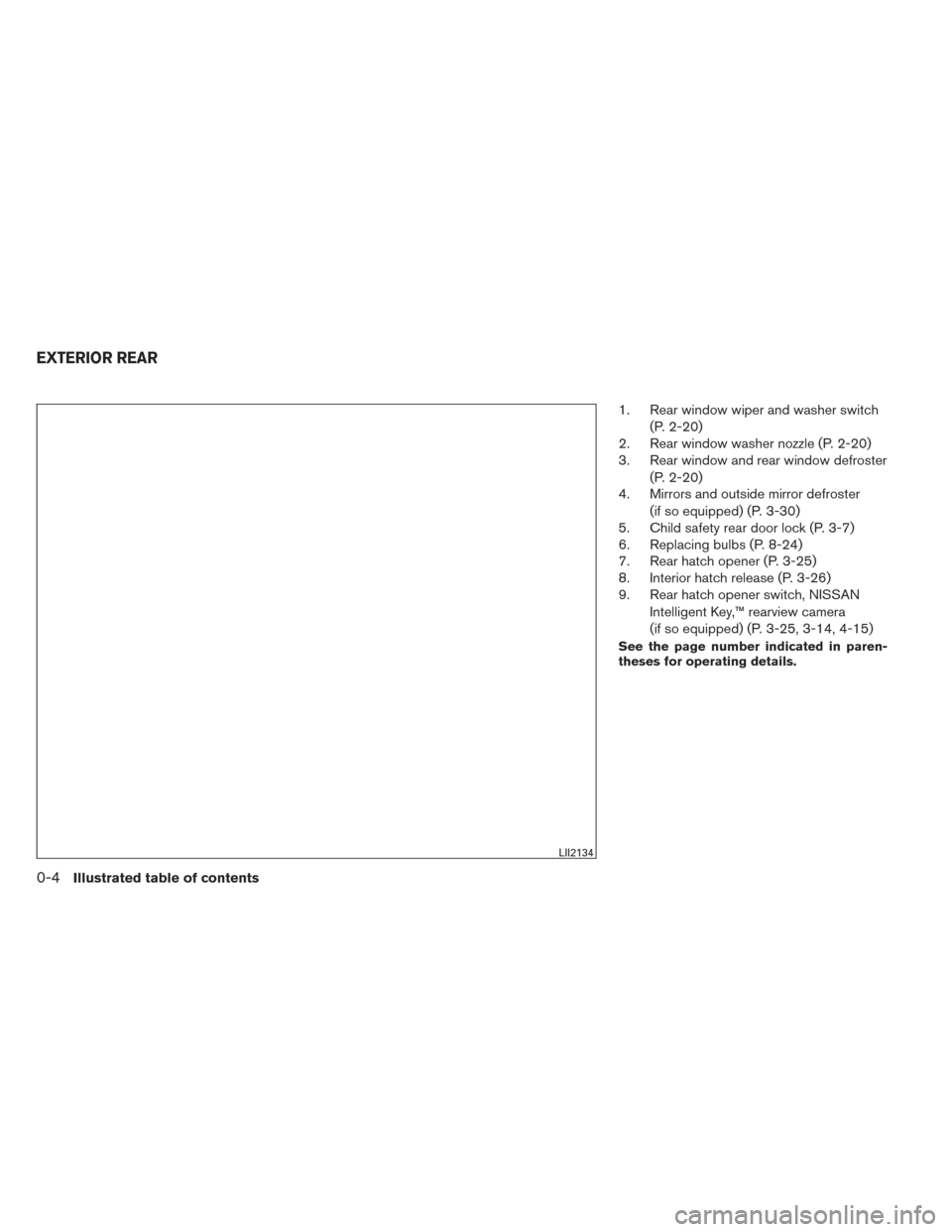 NISSAN VERSA NOTE 2014 2.G User Guide 1. Rear window wiper and washer switch(P. 2-20)
2. Rear window washer nozzle (P. 2-20)
3. Rear window and rear window defroster
(P. 2-20)
4. Mirrors and outside mirror defroster
(if so equipped) (P. 3 NISSAN VERSA NOTE 2014 2.G User Guide 1. Rear window wiper and washer switch(P. 2-20)
2. Rear window washer nozzle (P. 2-20)
3. Rear window and rear window defroster
(P. 2-20)
4. Mirrors and outside mirror defroster
(if so equipped) (P. 3