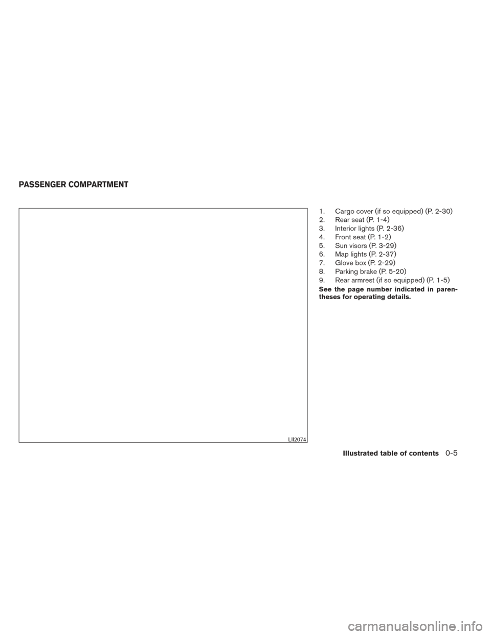 NISSAN VERSA NOTE 2014 2.G User Guide 1. Cargo cover (if so equipped) (P. 2-30)
2. Rear seat (P. 1-4)
3. Interior lights (P. 2-36)
4. Front seat (P. 1-2)
5. Sun visors (P. 3-29)
6. Map lights (P. 2-37)
7. Glove box (P. 2-29)
8. Parking br NISSAN VERSA NOTE 2014 2.G User Guide 1. Cargo cover (if so equipped) (P. 2-30)
2. Rear seat (P. 1-4)
3. Interior lights (P. 2-36)
4. Front seat (P. 1-2)
5. Sun visors (P. 3-29)
6. Map lights (P. 2-37)
7. Glove box (P. 2-29)
8. Parking br