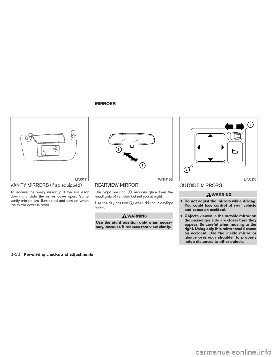 NISSAN VERSA NOTE 2014 2.G Owners Manual VANITY MIRRORS (if so equipped)
To access the vanity mirror, pull the sun visor
down and slide the mirror cover open. Some
vanity mirrors are illuminated and turn on when
the mirror cover is open.
REA