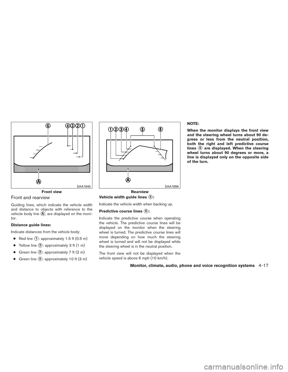 NISSAN VERSA NOTE 2014 2.G Owners Manual Front and rearview
Guiding lines, which indicate the vehicle width
and distance to objects with reference to the
vehicle body line
A, are displayed on the moni-
tor.
Distance guide lines:
Indicate di