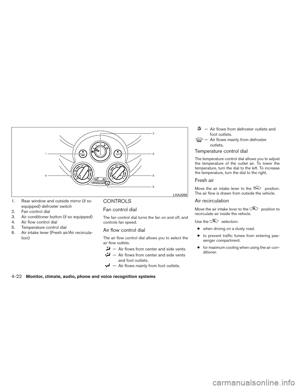 NISSAN VERSA NOTE 2014 2.G Owners Manual 1. Rear window and outside mirror (if soequipped) defroster switch
2. Fan control dial
3. Air conditioner button (if so equipped)
4. Air flow control dial
5. Temperature control dial
6. Air intake lev
