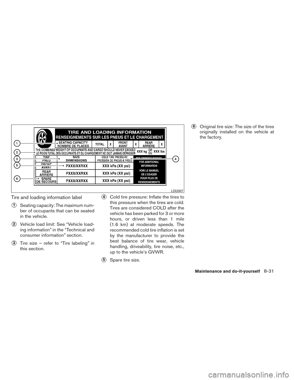 NISSAN VERSA NOTE 2014 2.G Owners Manual Tire and loading information label
1Seating capacity: The maximum num-
ber of occupants that can be seated
in the vehicle.
2Vehicle load limit: See “Vehicle load-
ing information” in the “Tech
