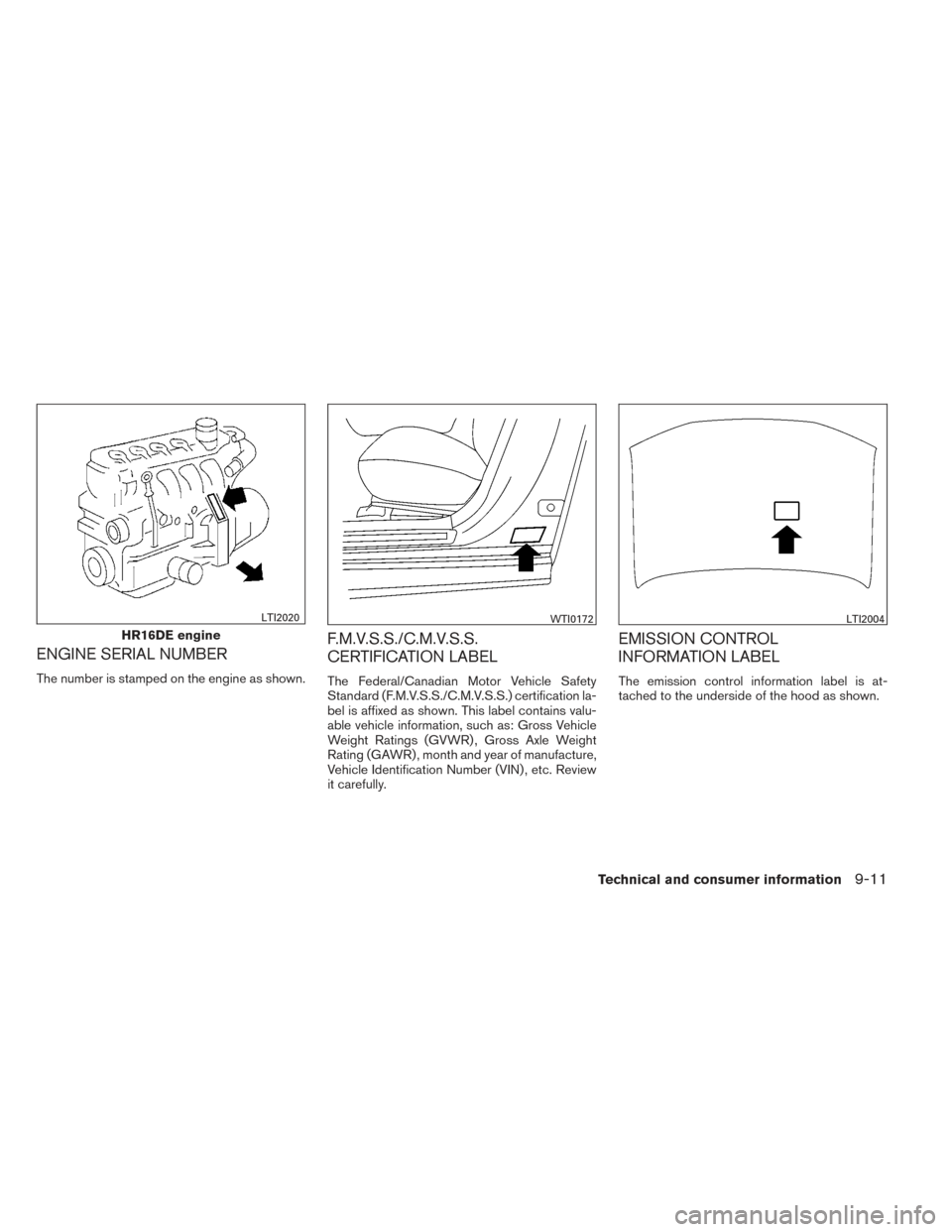 NISSAN VERSA NOTE 2014 2.G Owners Manual ENGINE SERIAL NUMBER
The number is stamped on the engine as shown.
F.M.V.S.S./C.M.V.S.S.
CERTIFICATION LABEL
The Federal/Canadian Motor Vehicle Safety
Standard (F.M.V.S.S./C.M.V.S.S.) certification la