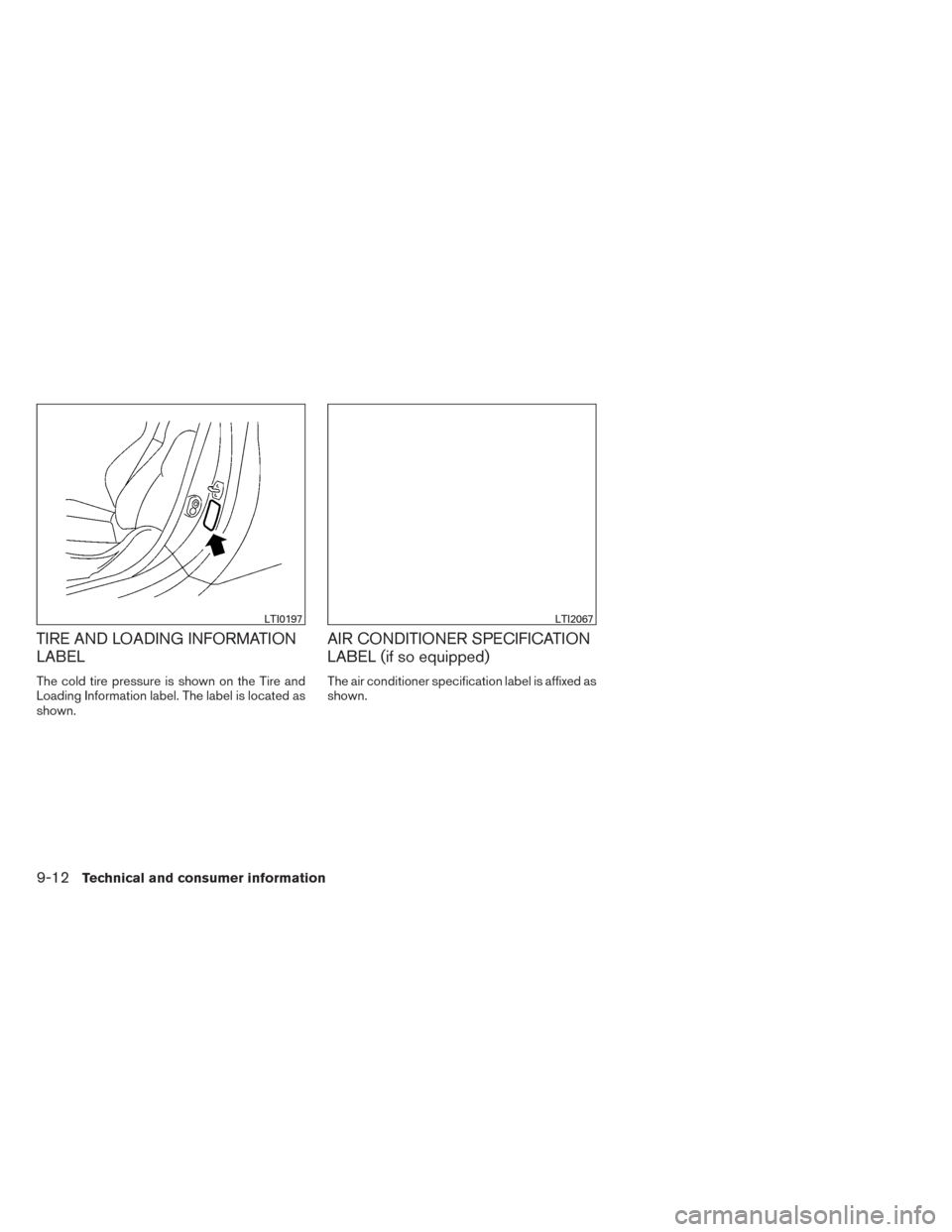 NISSAN VERSA NOTE 2014 2.G Owners Manual TIRE AND LOADING INFORMATION
LABEL
The cold tire pressure is shown on the Tire and
Loading Information label. The label is located as
shown.
AIR CONDITIONER SPECIFICATION
LABEL (if so equipped)
The ai