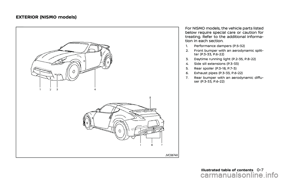 NISSAN 370Z 2020  Owner´s Manual JVC0674X
For NISMO models, the vehicle parts listed
below require special care or caution for
treating. Refer to the additional informa-
tion in each section.
1. Performance dampers (P.5-32)
2. Front 
