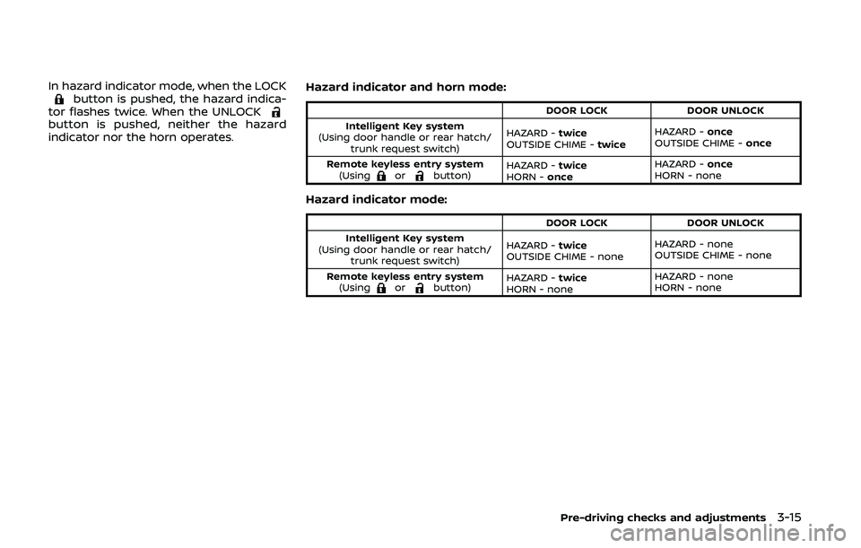 NISSAN 370Z 2020 Owner´s Manual In hazard indicator mode, when the LOCKbutton is pushed, the hazard indica-
tor flashes twice. When the UNLOCK
button is pushed, neither the hazard
indicator nor the horn operates. Hazard indicator an NISSAN 370Z 2020 Owner´s Manual In hazard indicator mode, when the LOCKbutton is pushed, the hazard indica-
tor flashes twice. When the UNLOCK
button is pushed, neither the hazard
indicator nor the horn operates. Hazard indicator an