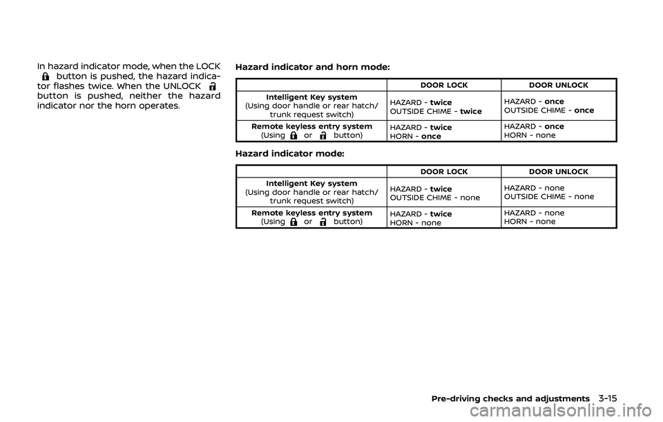 NISSAN 370Z 2020  Owner´s Manual In hazard indicator mode, when the LOCKbutton is pushed, the hazard indica-
tor flashes twice. When the UNLOCK
button is pushed, neither the hazard
indicator nor the horn operates. Hazard indicator an