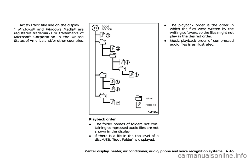 NISSAN 370Z 2020  Owner´s Manual Artist/Track title line on the display.
* Windows® and Windows Media® are
registered trademarks or trademarks of
Microsoft Corporation in the United
States of America and/or other countries.
SAA2494