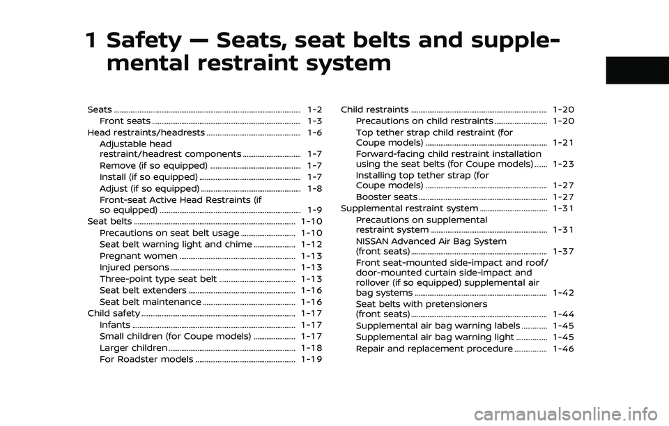 NISSAN 370Z 2020  Owner´s Manual 1 Safety — Seats, seat belts and supple-mental restraint system
Seats ........................................................................\
............................... 1-2
Front seats ......