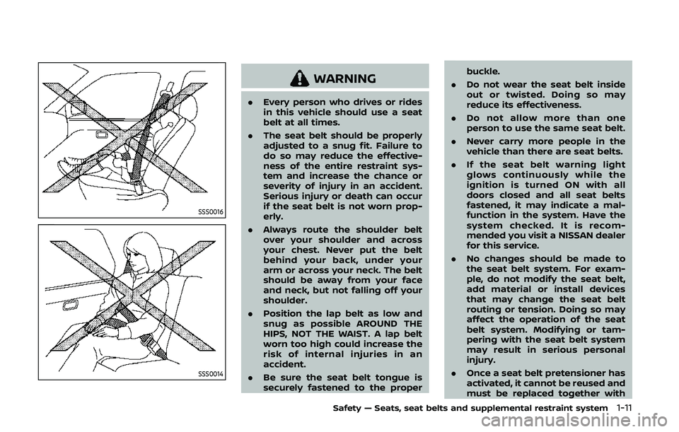 NISSAN 370Z 2020  Owner´s Manual SSS0016
SSS0014
WARNING
.Every person who drives or rides
in this vehicle should use a seat
belt at all times.
. The seat belt should be properly
adjusted to a snug fit. Failure to
do so may reduce th